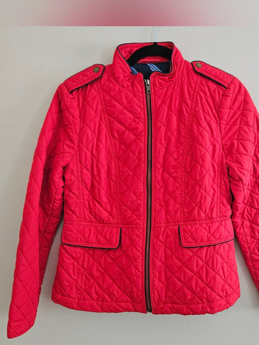 Talbots Womens Red Quilted Zip-up Jacket Navy Piping Military Barn Small Petite